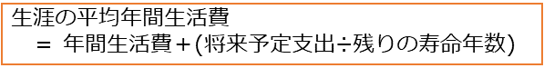 生涯の平均年間生活費=年間生活費+(将来予定支出/残りの寿命年数)